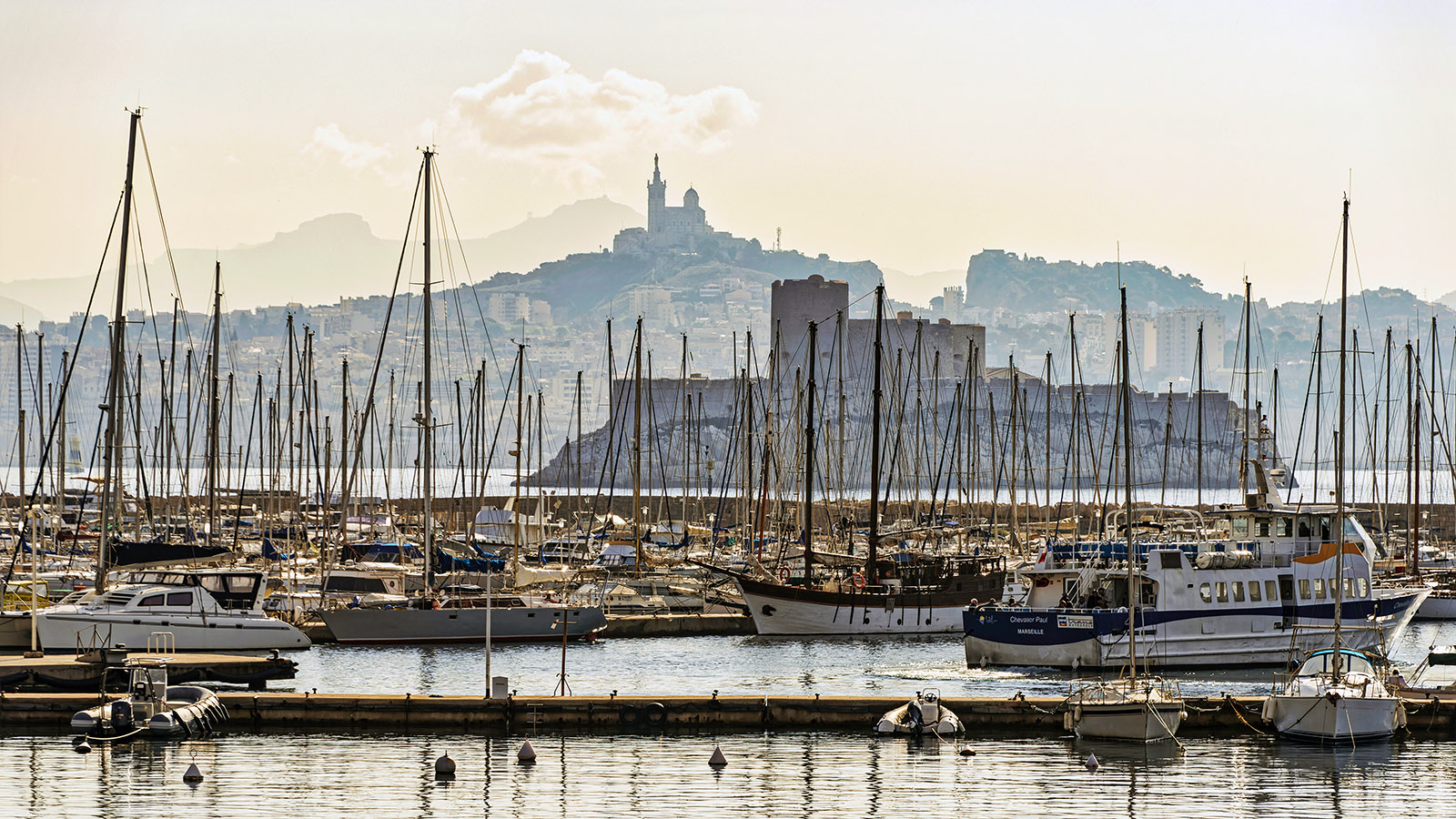 Ch&acirc;teau d'If and Notre Dame de la Garde seen from Frioul harbor